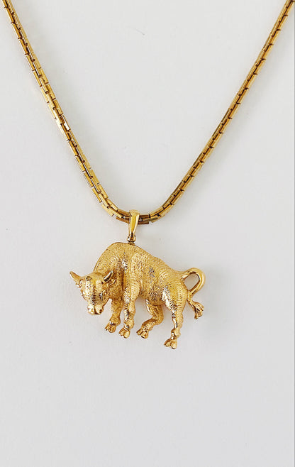 Vintage 1950s/60s Monet Taurus bull pendant necklace, triple gold plated box chain, zodiac sign jewelry, 16-inch layering necklace