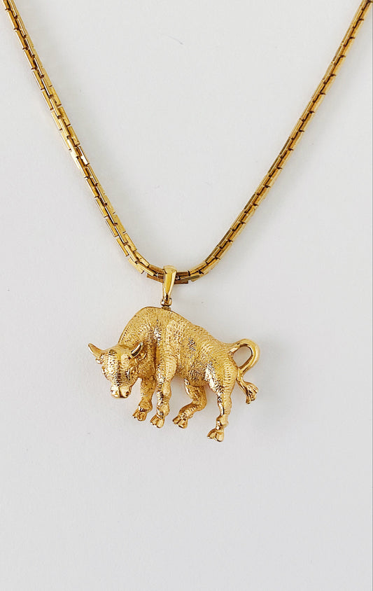 Vintage 1950s/60s Monet Taurus bull pendant necklace, triple gold plated box chain, zodiac sign jewelry, 16-inch layering necklace
