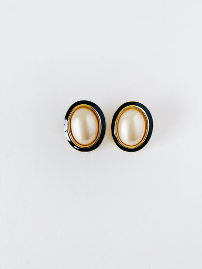 Vintage 1980s Carolee clip-on earrings, faux pearl with black enamel and gold-plated trim, matching necklace available