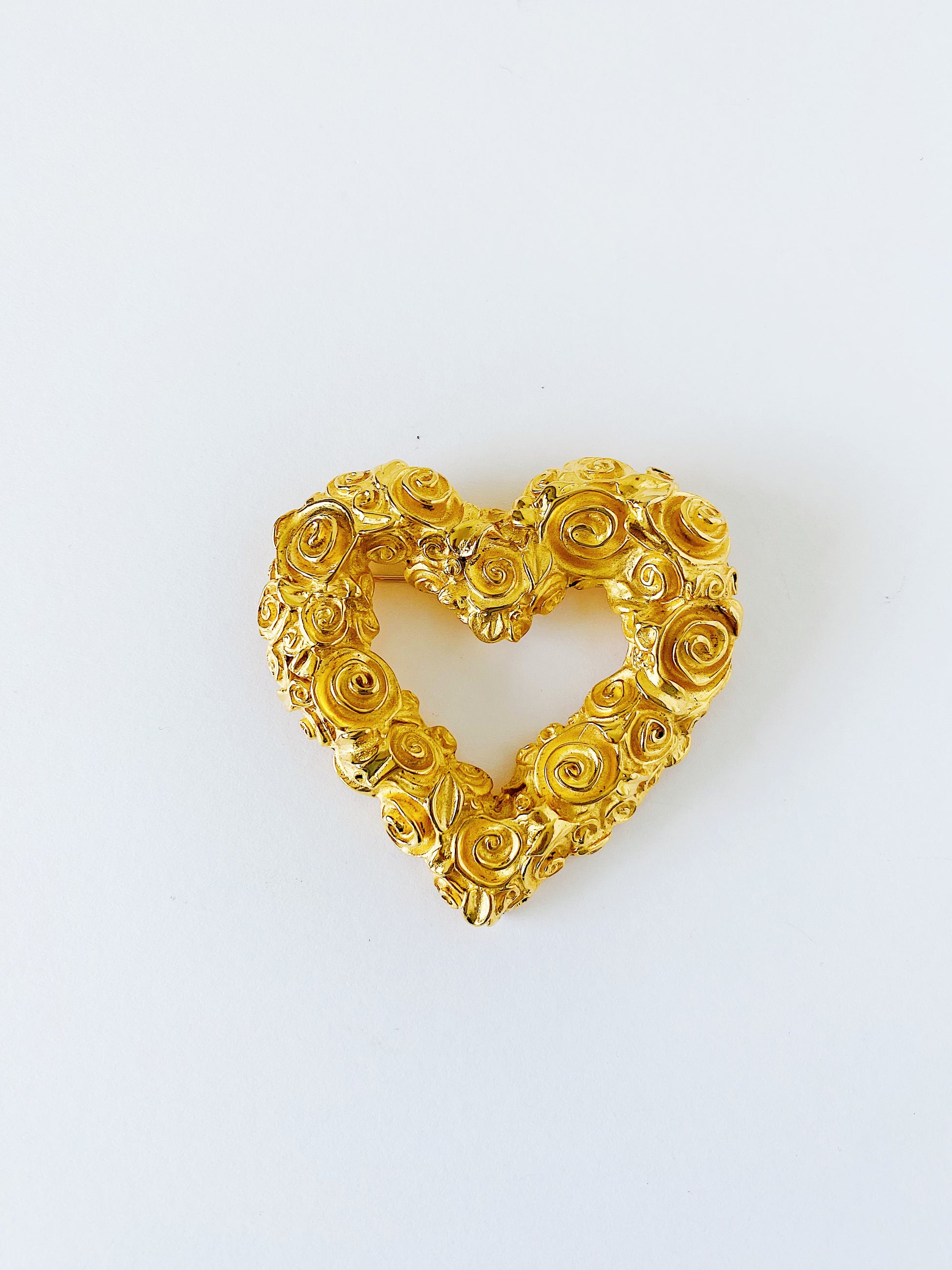 Vintage 1980s Givenchy heart brooch, large gold-plated statement pin with rosette design, 3-inch designer brooch