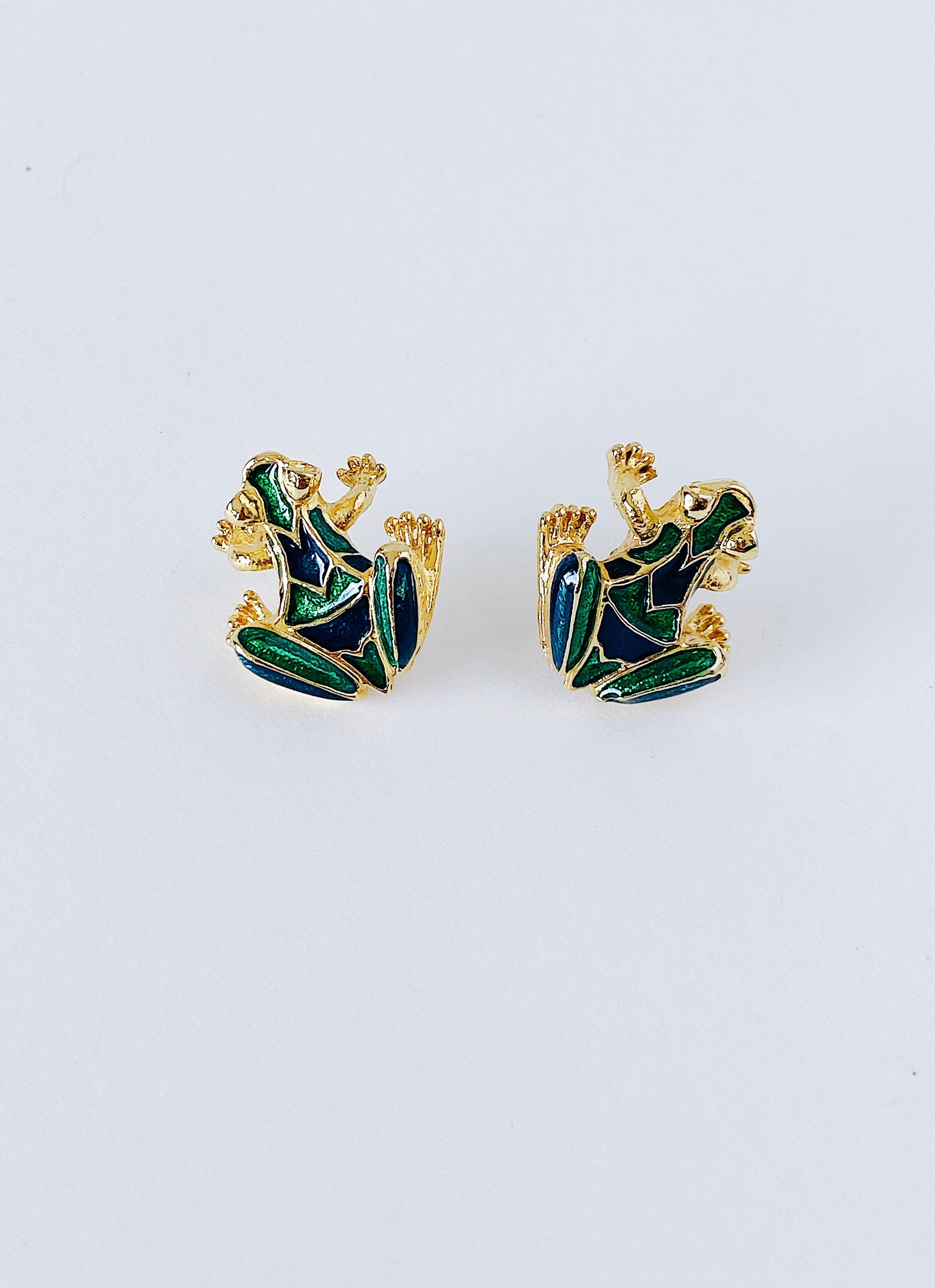 Vintage 1980s frog enamel earrings, gold plated with steel posts, matching lily pad brooch pendant available