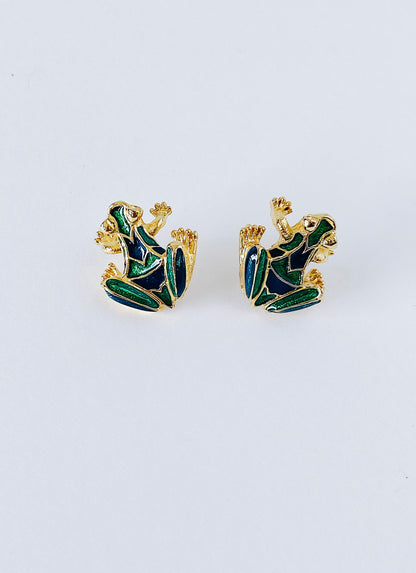 Vintage 1980s frog enamel earrings, gold plated with steel posts, matching lily pad brooch pendant available
