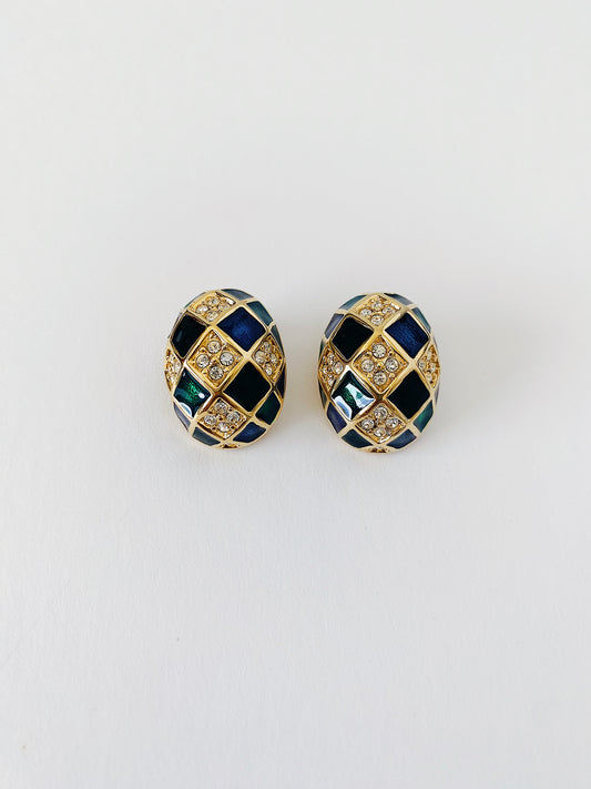 Vintage 1990s Joan Rivers checkered clip-on earrings, green and blue enamel with rhinestones, oval gold-plated statement earrings