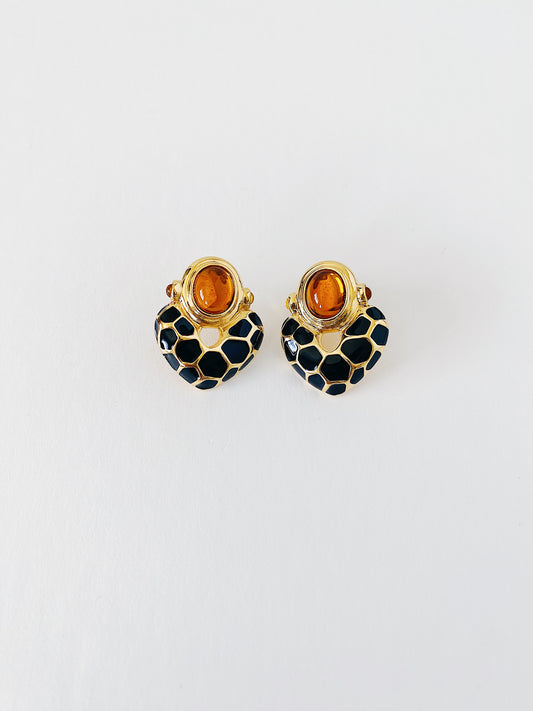 Vintage 1990s KJL Kenneth Jay Lane leopard clip-on earrings, gold-plated with honey and pale yellow glass cabochons