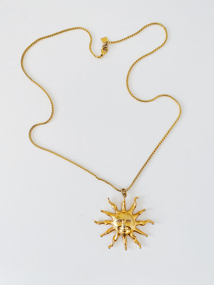 Vintage Anne Klein celestial sun pendant necklace, 31 inch foxtail chain, signed pendant with lion logo hangtag, gold-tone statement necklace.