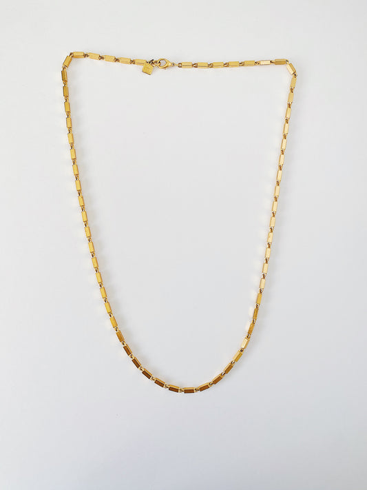 Vintage Anne Klein rectangle box chain necklace, brushed gold-plated, 1980s 1990s, long heavy chain, convertible necklace bracelet style