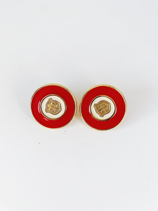 Vintage GJD Ginnie Johansen Danson clip-on earrings, red and white enamel button earrings with gold fleur-de-lis, oversized 1980s statement jewelry.