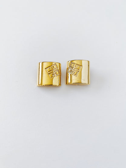 Vintage Givenchy gold logo earrings, 1980s square clip-on studs, small designer earrings with embossed logo"