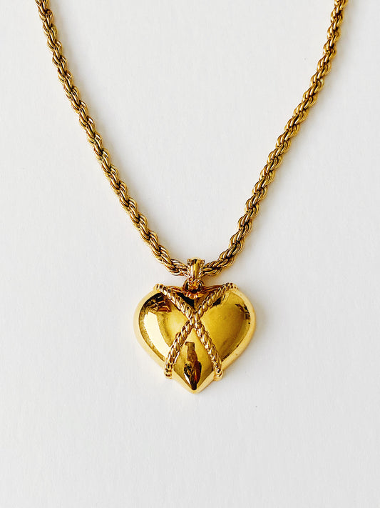 Vintage Monet puffy heart necklace, triple gold plated with X-cross rope detail, 30-inch rope chain, 1980s 1990s romantic statement necklace