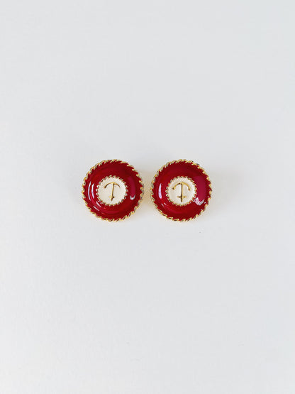 Vintage nautical anchor clip-on earrings, red and white enamel with dimensional gold anchor and rope detailing, mid-weight coastal statement jewelry.
