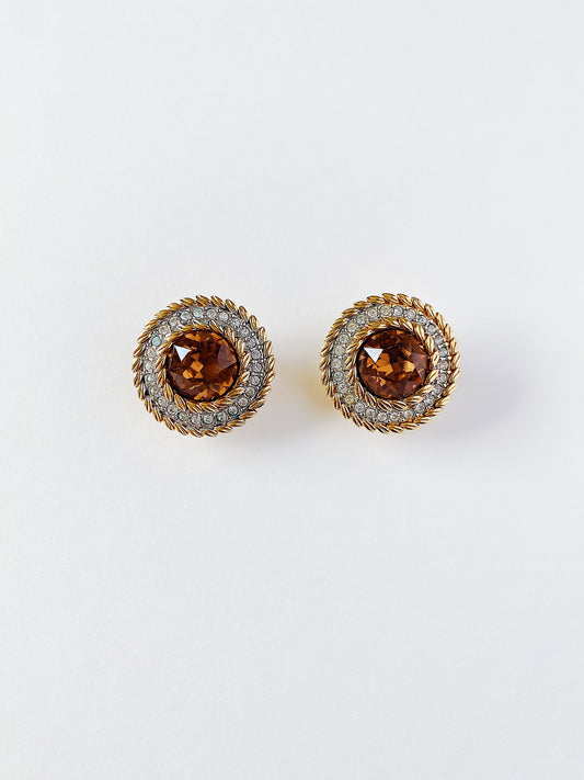 Vintage Swarovski S.A.L amber crystal and rhinestone gold-plated clip-on earrings, 1977–1988.