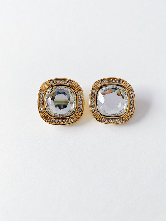 Vintage Swarovski S.A.L clear cushion-cut crystal clip-on earrings with clear crystal surround, gold plated, 1980s collectible jewelry.