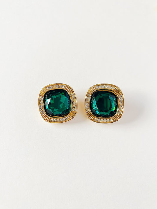 Vintage Swarovski S.A.L emerald green cushion-cut crystal clip-on earrings with clear crystal surround, gold plated, 1980s collectible jewelry.