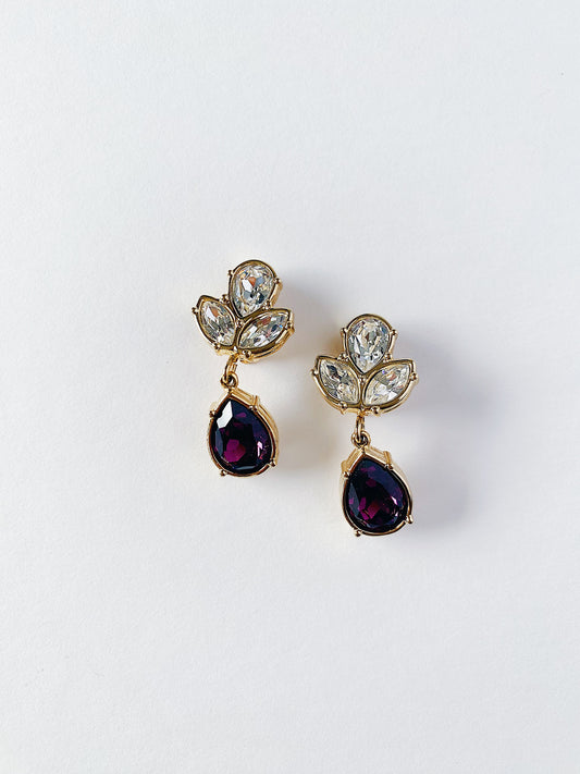 Vintage Swarovski swan logo lotus floral clear crystal with amethyst teardrop dangle gold-plated clip-on earrings, 1990