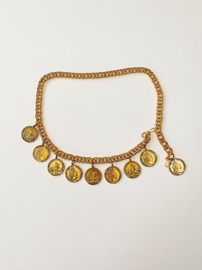 Vintage gold-plated Roman coin chain belt featuring large double-sided medallion coins with engraved scripture, double-link chain, and versatile wear as a belt or statement necklace. 37 inches long, heavyweight