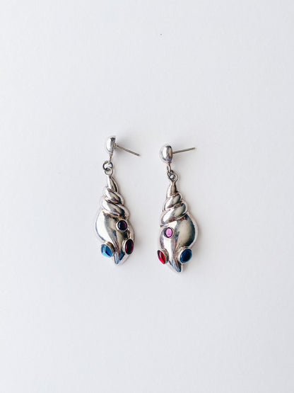 Vintage sterling silver sculptural seashell earrings with blue, red, and magenta lucite gem accents, lightweight post earrings, marked sterling.