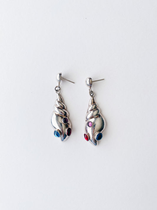 Vintage sterling silver sculptural seashell earrings with blue, red, and magenta lucite gem accents, lightweight post earrings, marked sterling.