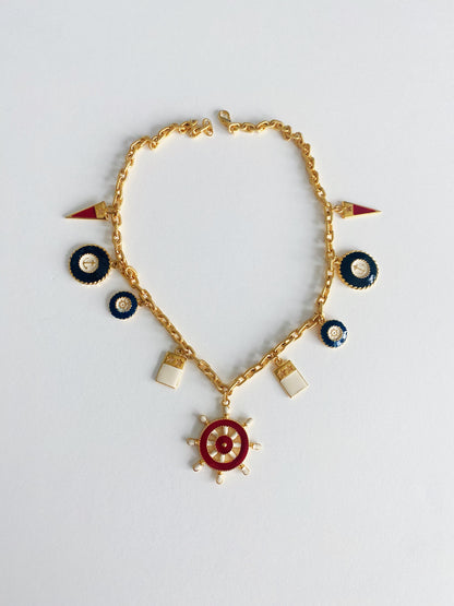 Vintage 1990s nautical charm necklace with red, white and navy enamel charms on a gold-tone chain, 24-inch statement necklace